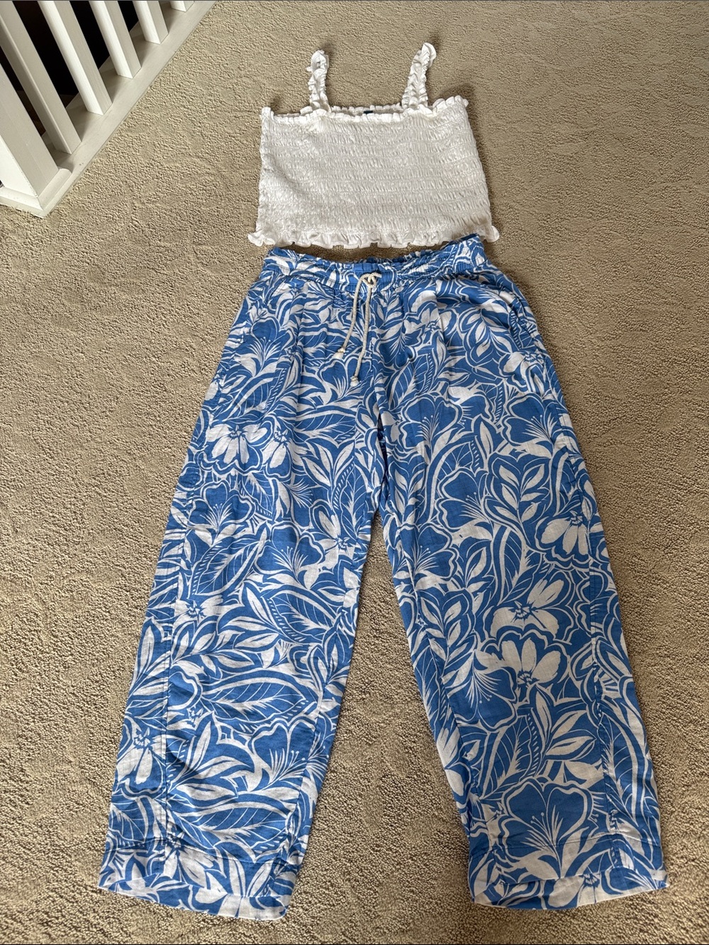 Blue Floral Wide-Leg Women’s Pants - Lightweight Tie-Waist and white top.